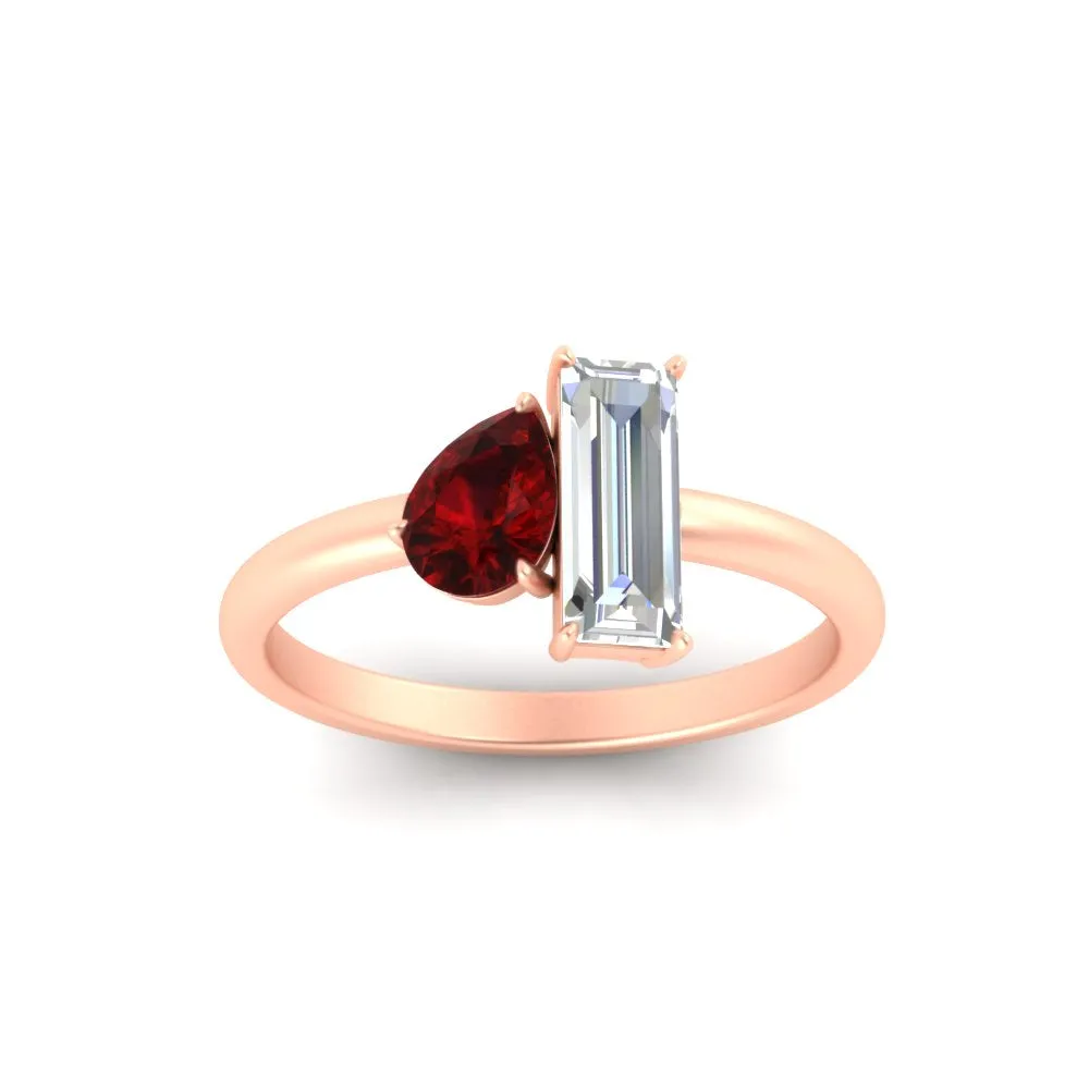 4.25 Ct. Pear And Straight Baguette Lab Diamond 2 Stone Ring 14K Gold