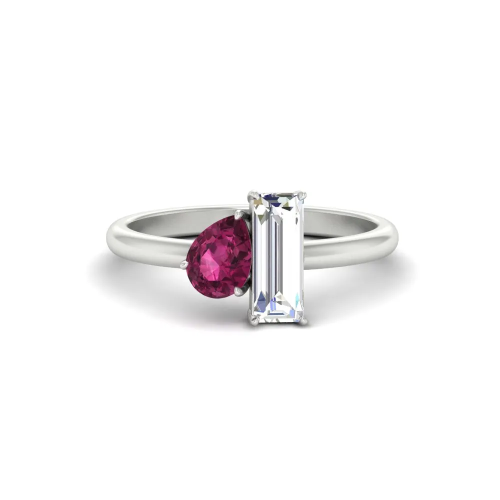 4.25 Ct. Pear And Straight Baguette Lab Diamond 2 Stone Ring 14K Gold