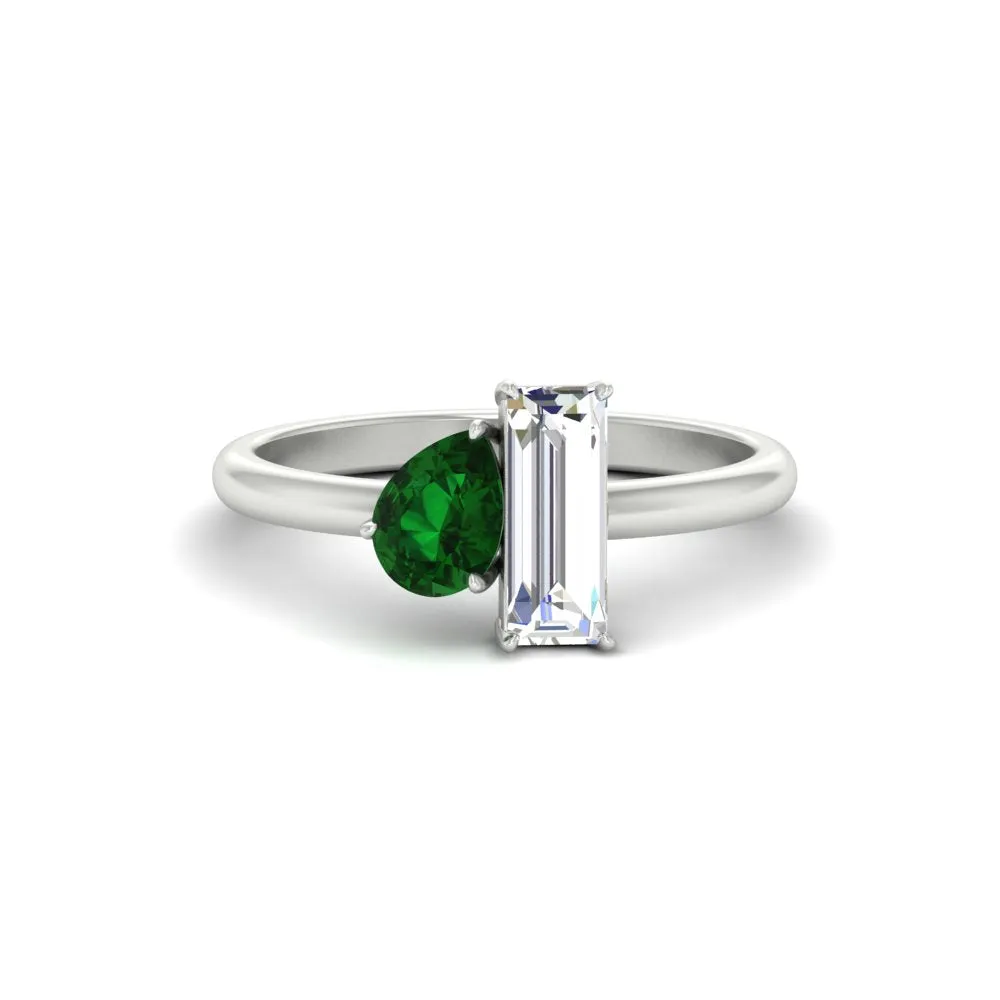 4.25 Ct. Pear And Straight Baguette Lab Diamond 2 Stone Ring 14K Gold