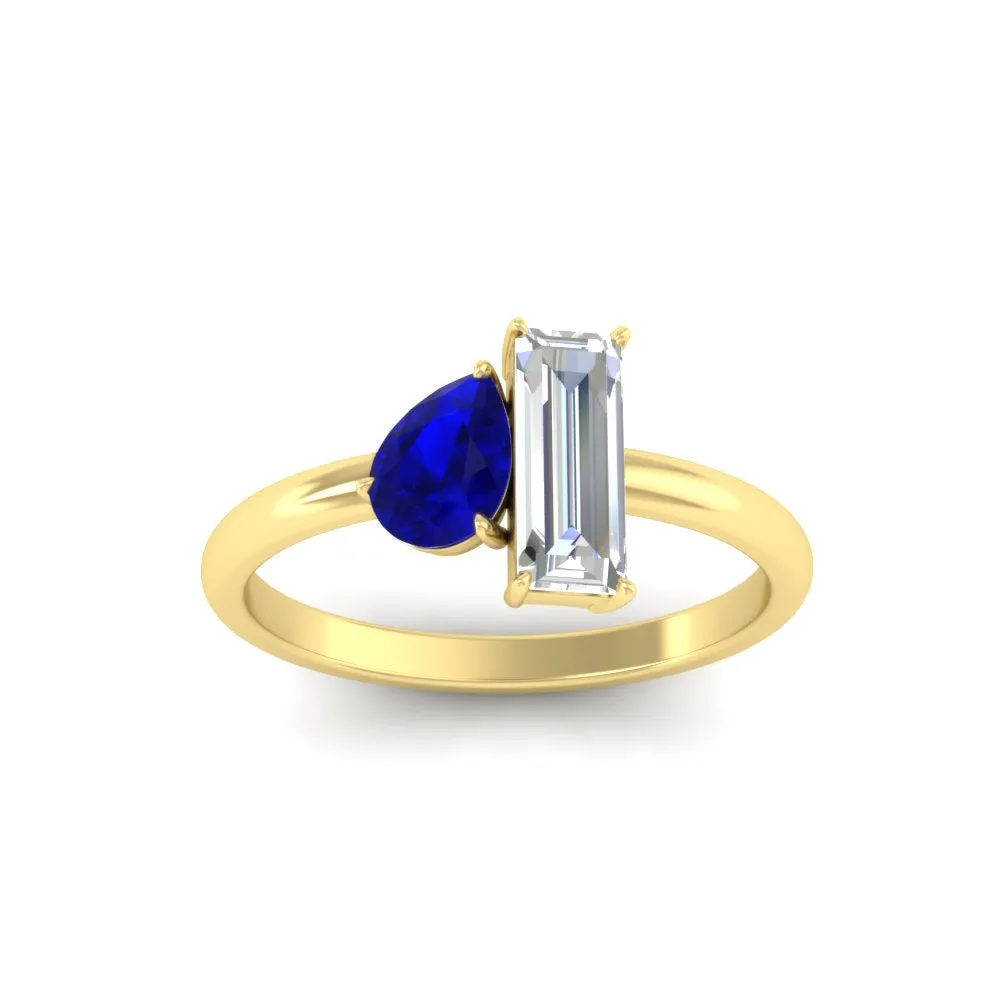 4.25 Ct. Pear And Straight Baguette Lab Diamond 2 Stone Ring 14K Gold