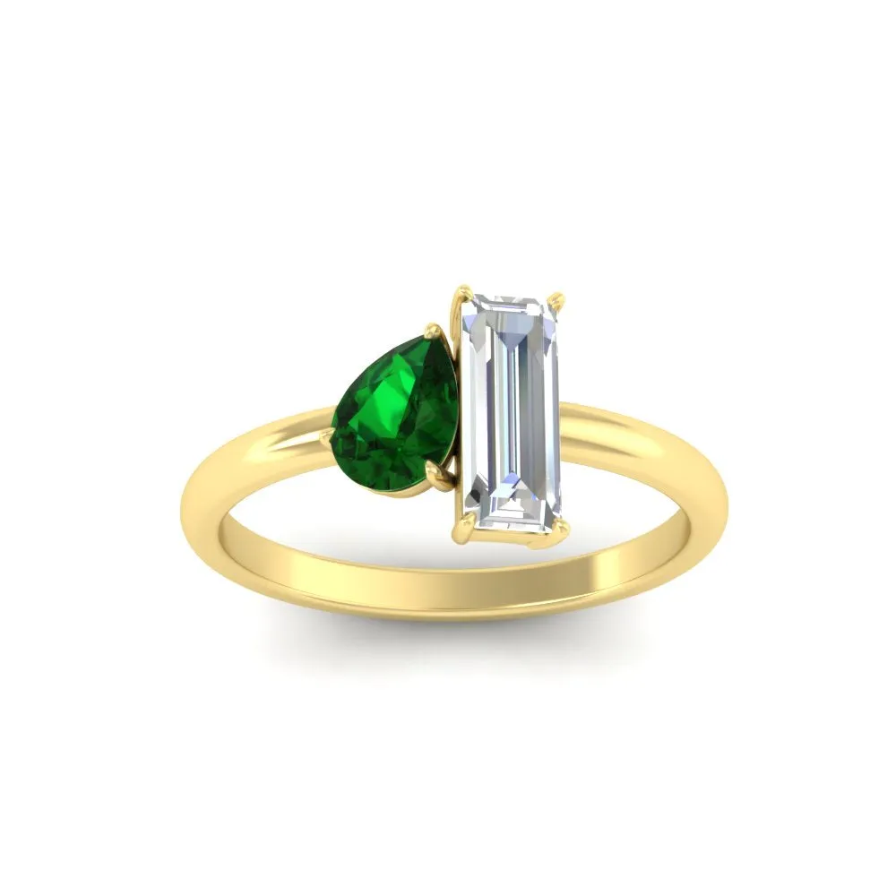 4.25 Ct. Pear And Straight Baguette Lab Diamond 2 Stone Ring 14K Gold