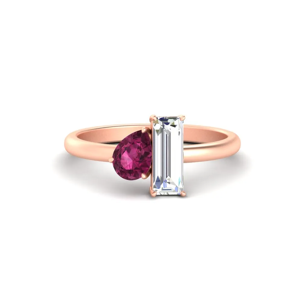 4.25 Ct. Pear And Straight Baguette Lab Diamond 2 Stone Ring 14K Gold