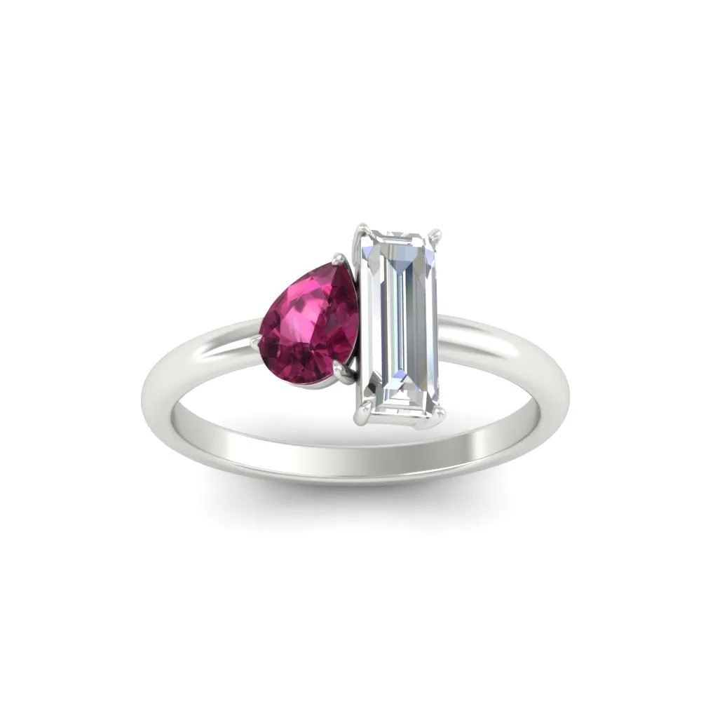 4.25 Ct. Pear And Straight Baguette Lab Diamond 2 Stone Ring 14K Gold