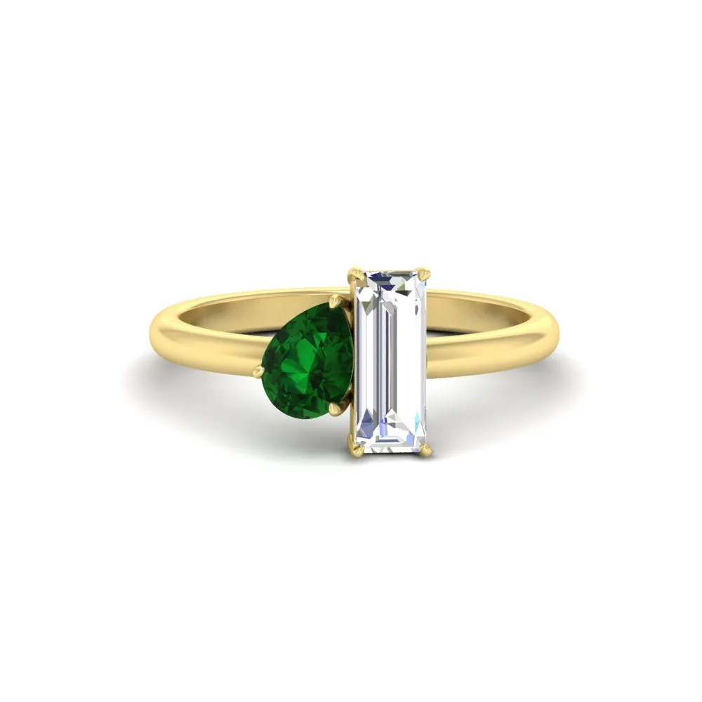 4.25 Ct. Pear And Straight Baguette Lab Diamond 2 Stone Ring 14K Gold
