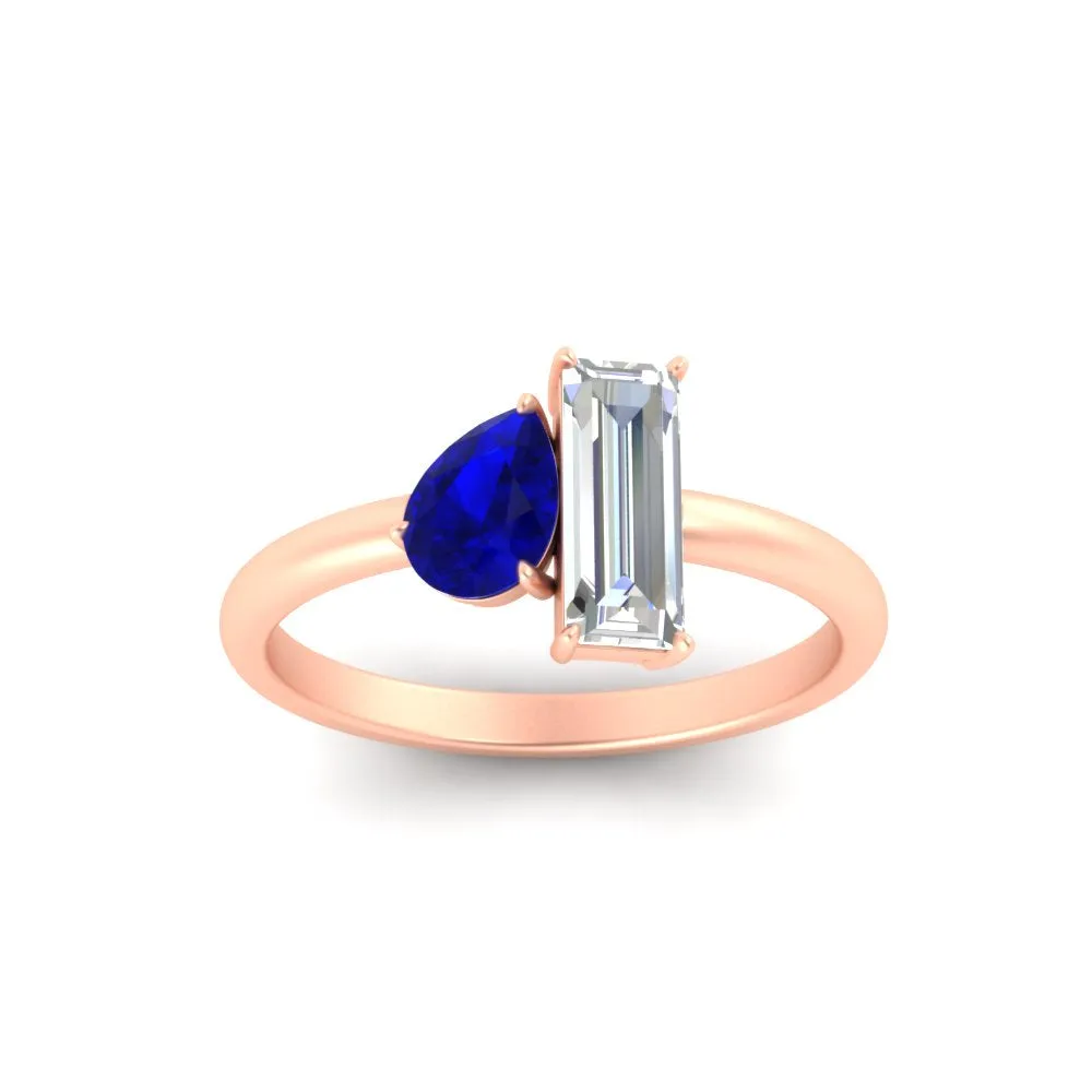 4.25 Ct. Pear And Straight Baguette Lab Diamond 2 Stone Ring 14K Gold