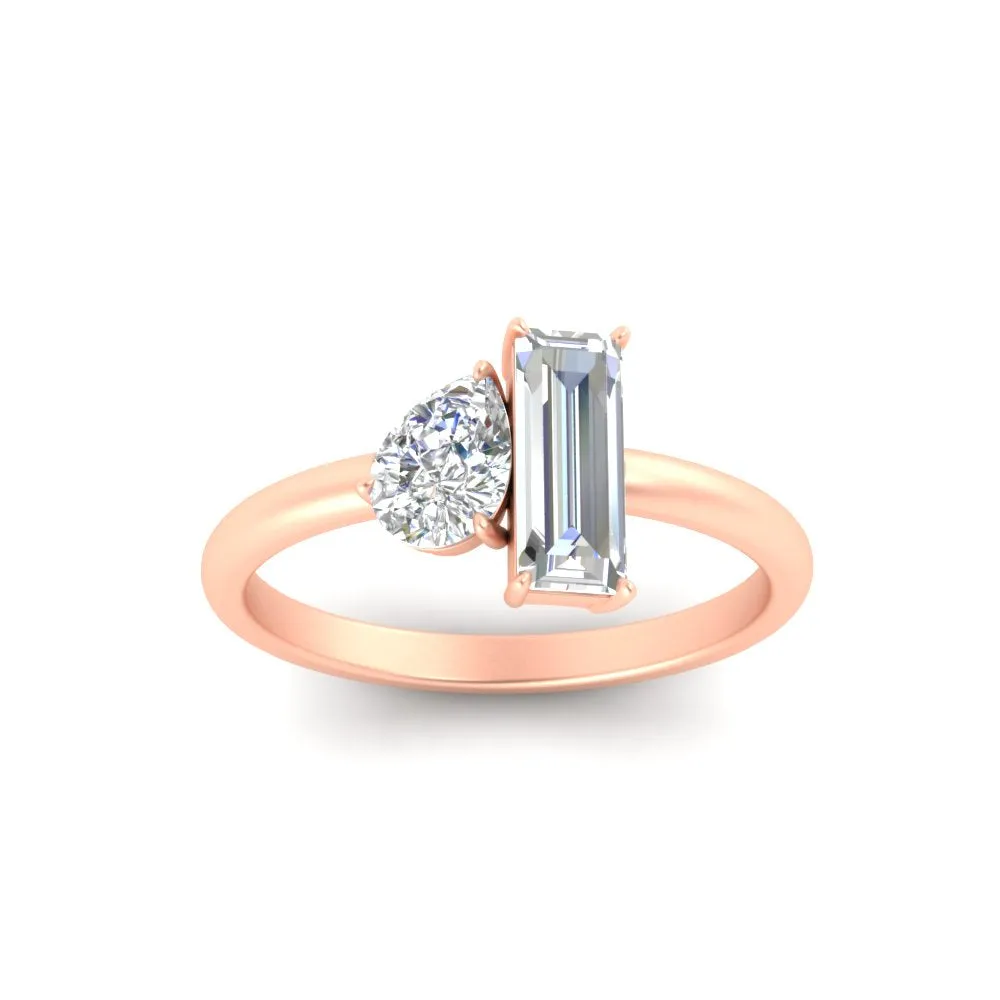 4.25 Ct. Pear And Straight Baguette Lab Diamond 2 Stone Ring 14K Gold