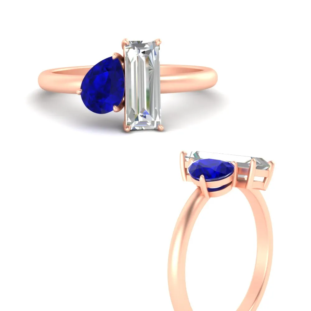 4.25 Ct. Pear And Straight Baguette Lab Diamond 2 Stone Ring 14K Gold