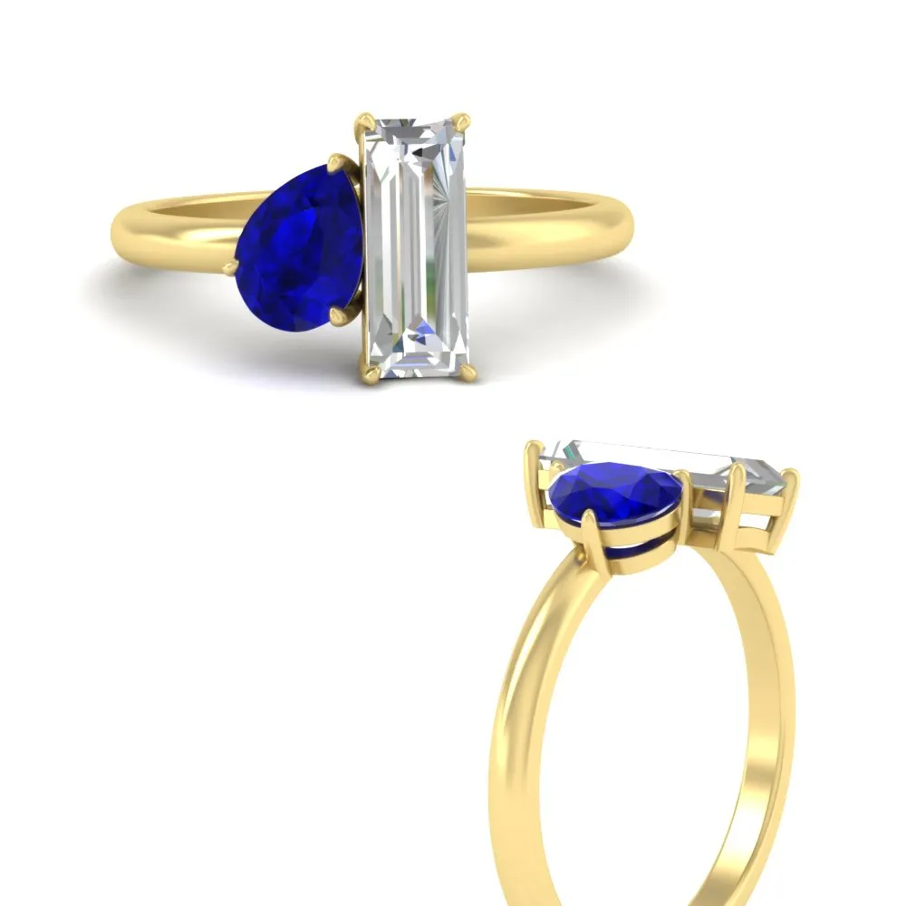 4.25 Ct. Pear And Straight Baguette Lab Diamond 2 Stone Ring 14K Gold