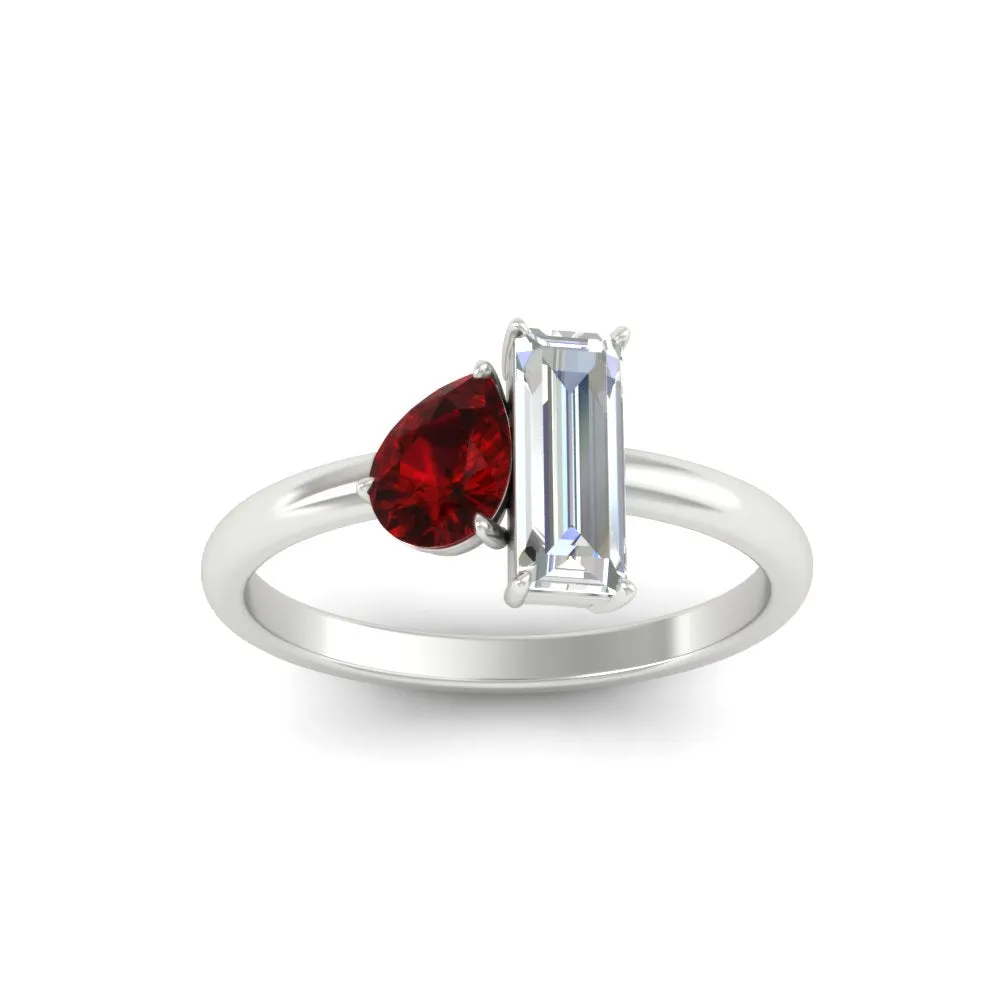 4.25 Ct. Pear And Straight Baguette Lab Diamond 2 Stone Ring 14K Gold