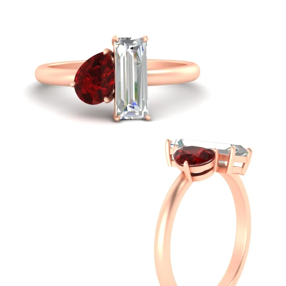 4.25 Ct. Pear And Straight Baguette Lab Diamond 2 Stone Ring 14K Gold