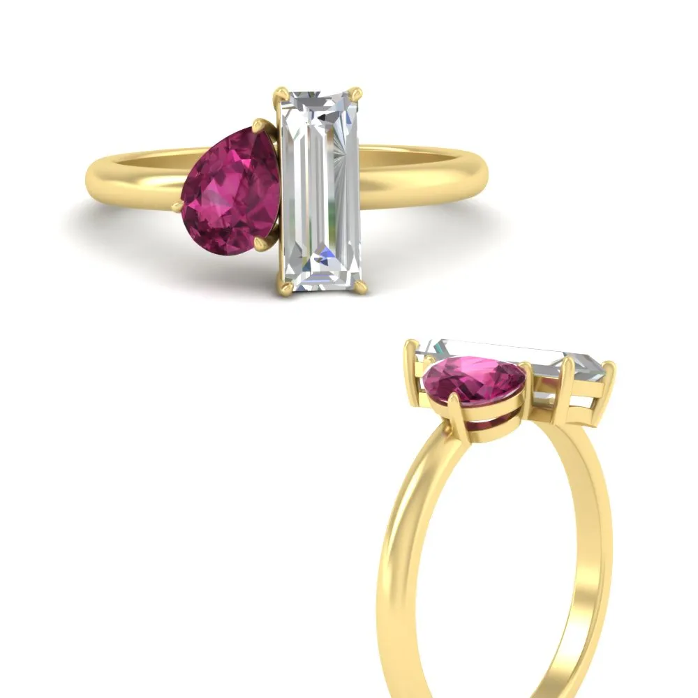 4.25 Ct. Pear And Straight Baguette Lab Diamond 2 Stone Ring 14K Gold