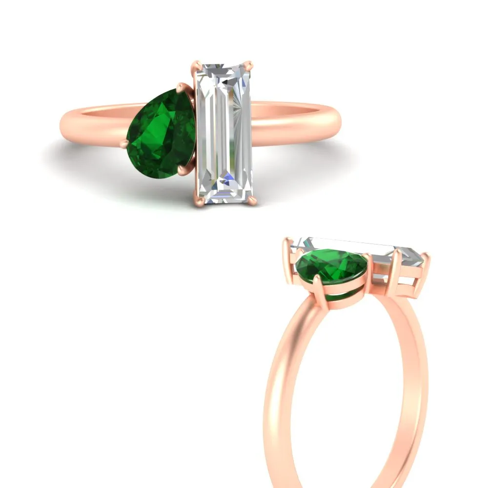 4.25 Ct. Pear And Straight Baguette Lab Diamond 2 Stone Ring 14K Gold