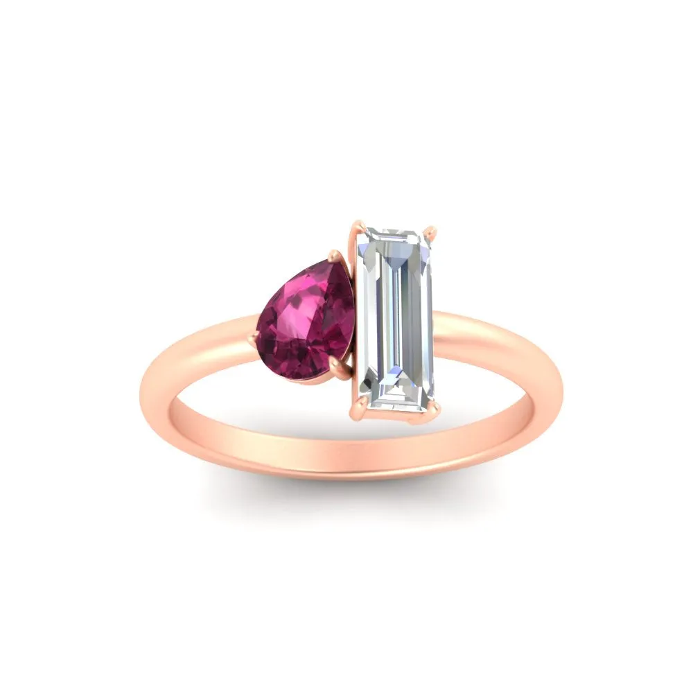 4.25 Ct. Pear And Straight Baguette Lab Diamond 2 Stone Ring 14K Gold