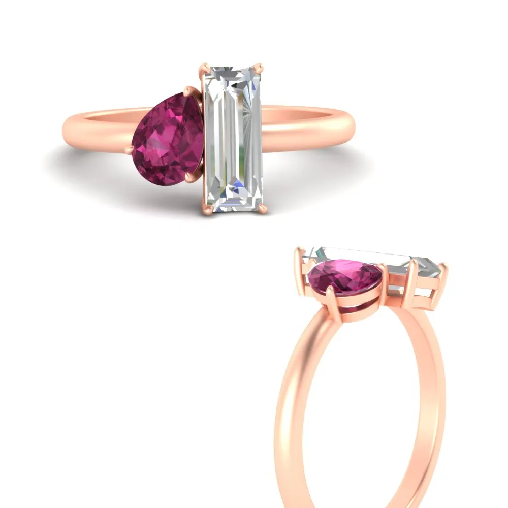 4.25 Ct. Pear And Straight Baguette Lab Diamond 2 Stone Ring 14K Gold