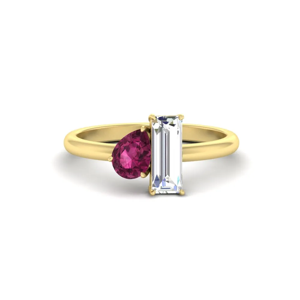 4.25 Ct. Pear And Straight Baguette Lab Diamond 2 Stone Ring 14K Gold