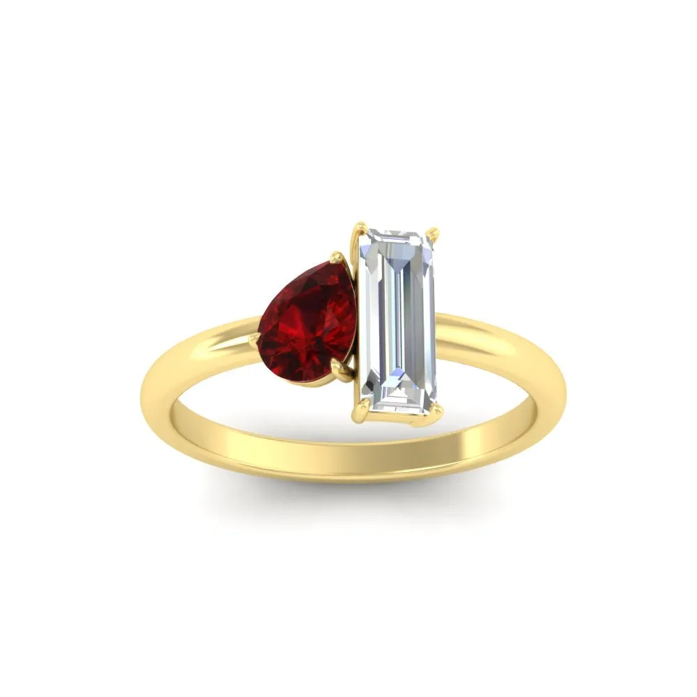4.25 Ct. Pear And Straight Baguette Lab Diamond 2 Stone Ring 14K Gold