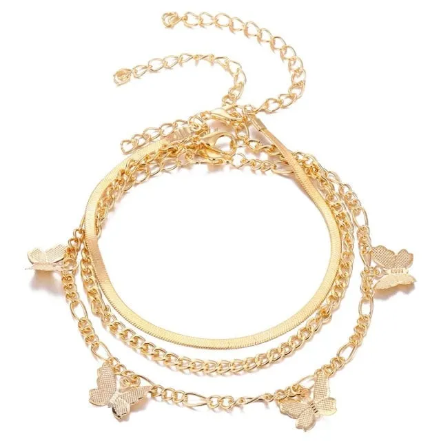 5 Pieces \ Set Fashion New Gold Silver Heart Pendant Anklet Girl Summer Beach Ankle Bracelet  Women Accessories Jewelry Gift