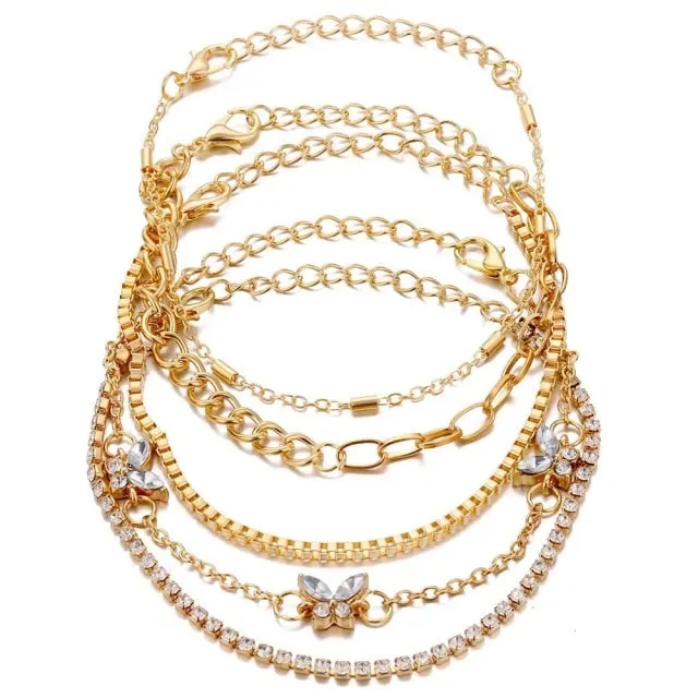 5 Pieces \ Set Fashion New Gold Silver Heart Pendant Anklet Girl Summer Beach Ankle Bracelet  Women Accessories Jewelry Gift