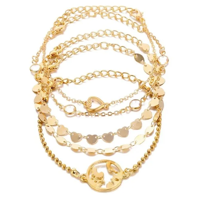 5 Pieces \ Set Fashion New Gold Silver Heart Pendant Anklet Girl Summer Beach Ankle Bracelet  Women Accessories Jewelry Gift