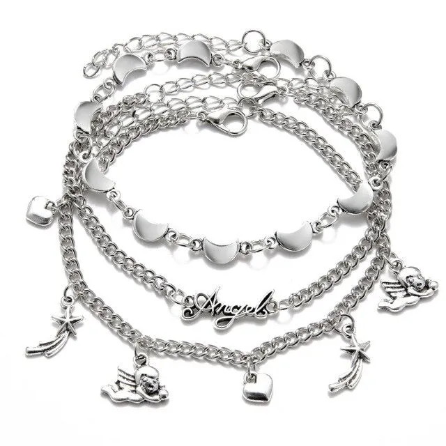 5 Pieces \ Set Fashion New Gold Silver Heart Pendant Anklet Girl Summer Beach Ankle Bracelet  Women Accessories Jewelry Gift