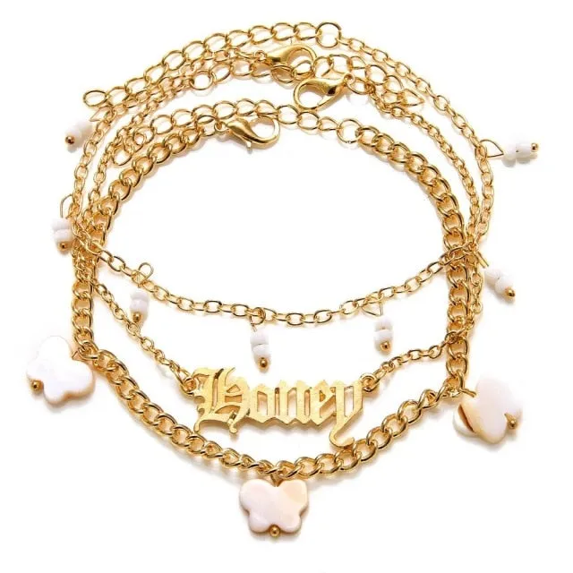 5 Pieces \ Set Fashion New Gold Silver Heart Pendant Anklet Girl Summer Beach Ankle Bracelet  Women Accessories Jewelry Gift