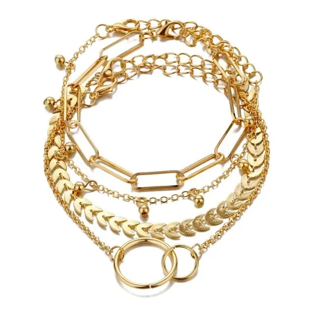 5 Pieces \ Set Fashion New Gold Silver Heart Pendant Anklet Girl Summer Beach Ankle Bracelet  Women Accessories Jewelry Gift
