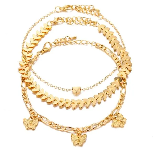 5 Pieces \ Set Fashion New Gold Silver Heart Pendant Anklet Girl Summer Beach Ankle Bracelet  Women Accessories Jewelry Gift