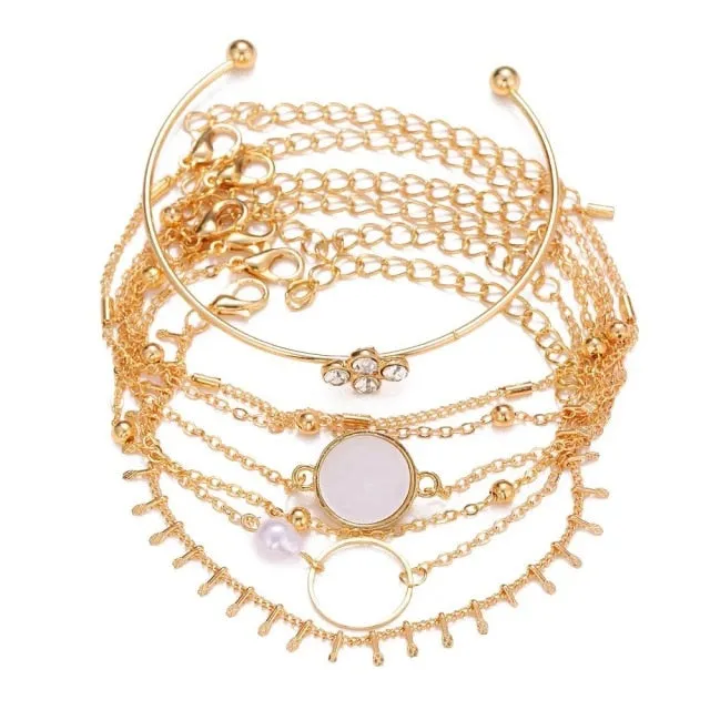 5 Pieces \ Set Fashion New Gold Silver Heart Pendant Anklet Girl Summer Beach Ankle Bracelet  Women Accessories Jewelry Gift