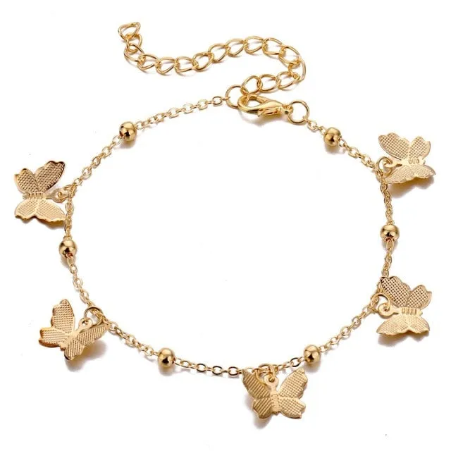 5 Pieces \ Set Fashion New Gold Silver Heart Pendant Anklet Girl Summer Beach Ankle Bracelet  Women Accessories Jewelry Gift