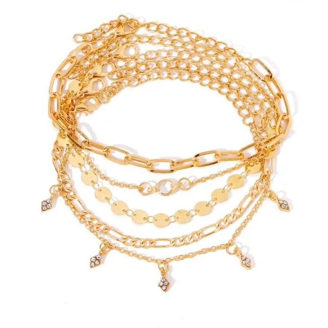 5 Pieces \ Set Fashion New Gold Silver Heart Pendant Anklet Girl Summer Beach Ankle Bracelet  Women Accessories Jewelry Gift