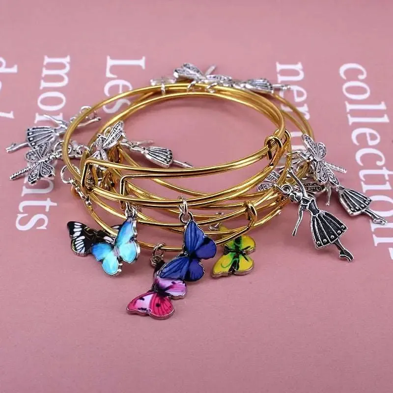 5pcs Bangle Set Wire Bracelets for Women Girls Jewelry Butterfly Dragonfly Bow Charms Bangles Cuff Jewlery C044