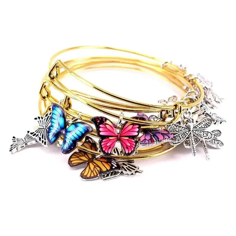 5pcs Bangle Set Wire Bracelets for Women Girls Jewelry Butterfly Dragonfly Bow Charms Bangles Cuff Jewlery C044