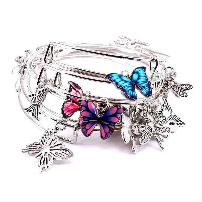 5pcs Bangle Set Wire Bracelets for Women Girls Jewelry Butterfly Dragonfly Bow Charms Bangles Cuff Jewlery C044