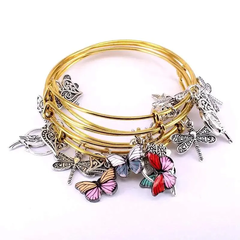 5pcs Bangle Set Wire Bracelets for Women Girls Jewelry Butterfly Dragonfly Bow Charms Bangles Cuff Jewlery C044
