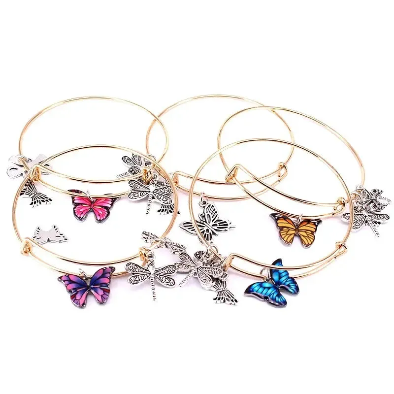 5pcs Bangle Set Wire Bracelets for Women Girls Jewelry Butterfly Dragonfly Bow Charms Bangles Cuff Jewlery C044
