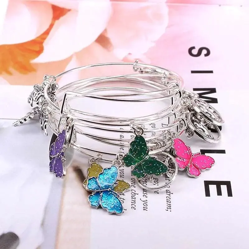 5pcs Bangle Set Wire Bracelets for Women Girls Jewelry Butterfly Dragonfly Bow Charms Bangles Cuff Jewlery C044