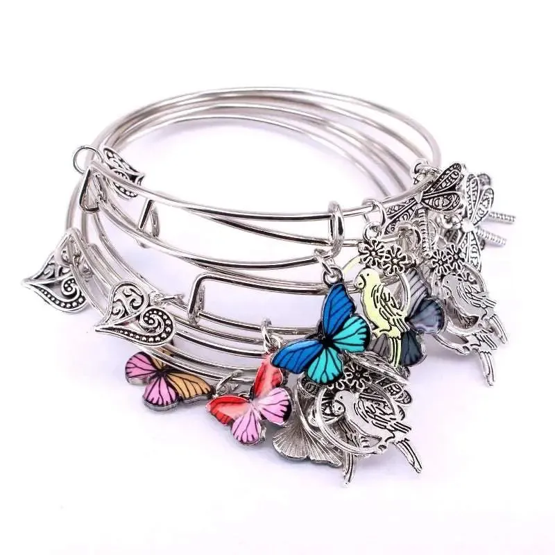 5pcs Bangle Set Wire Bracelets for Women Girls Jewelry Butterfly Dragonfly Bow Charms Bangles Cuff Jewlery C044