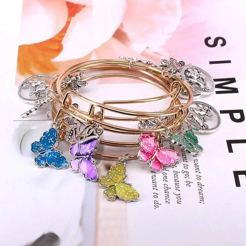 5pcs Bangle Set Wire Bracelets for Women Girls Jewelry Butterfly Dragonfly Bow Charms Bangles Cuff Jewlery C044