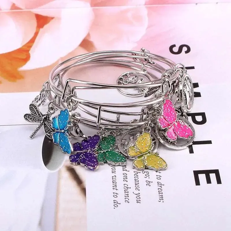 5pcs Bangle Set Wire Bracelets for Women Girls Jewelry Butterfly Dragonfly Bow Charms Bangles Cuff Jewlery C044