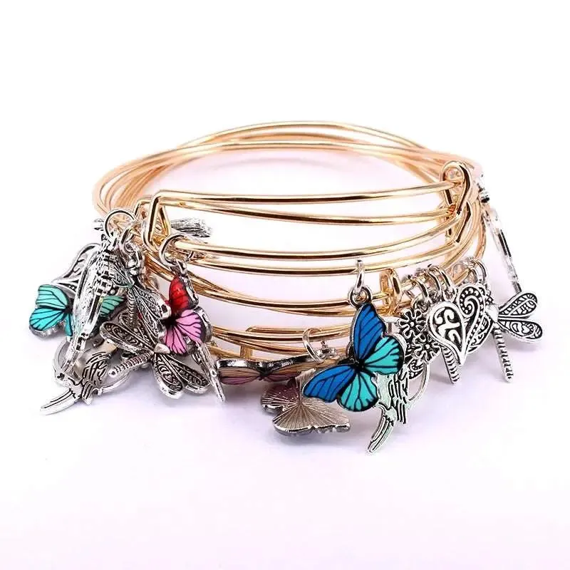 5pcs Bangle Set Wire Bracelets for Women Girls Jewelry Butterfly Dragonfly Bow Charms Bangles Cuff Jewlery C044