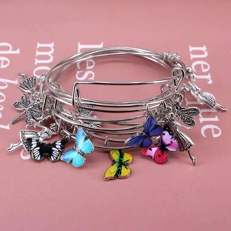5pcs Bangle Set Wire Bracelets for Women Girls Jewelry Butterfly Dragonfly Bow Charms Bangles Cuff Jewlery C044