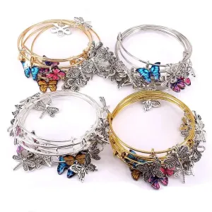 5pcs Bangle Set Wire Bracelets for Women Girls Jewelry Butterfly Dragonfly Bow Charms Bangles Cuff Jewlery C044