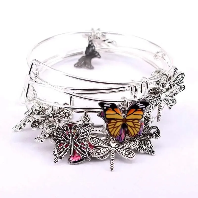 5pcs Bangle Set Wire Bracelets for Women Girls Jewelry Butterfly Dragonfly Bow Charms Bangles Cuff Jewlery C044