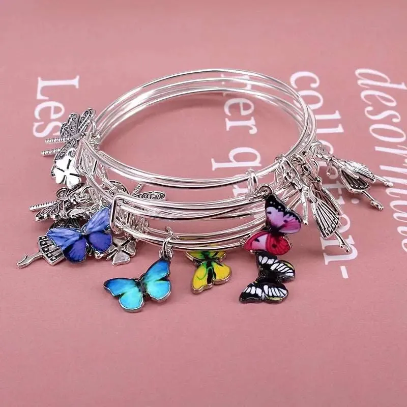 5pcs Bangle Set Wire Bracelets for Women Girls Jewelry Butterfly Dragonfly Bow Charms Bangles Cuff Jewlery C044