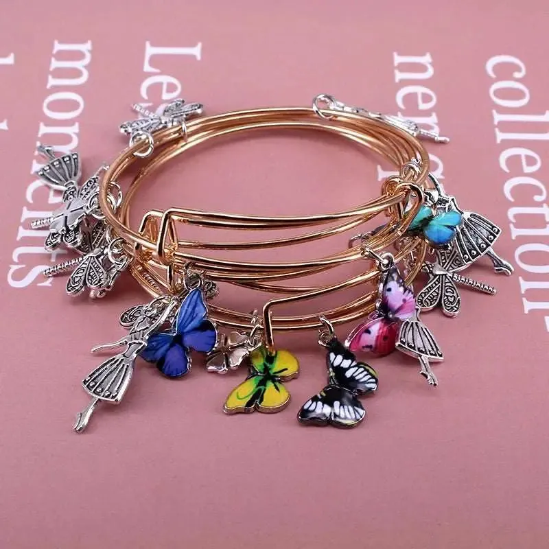 5pcs Bangle Set Wire Bracelets for Women Girls Jewelry Butterfly Dragonfly Bow Charms Bangles Cuff Jewlery C044