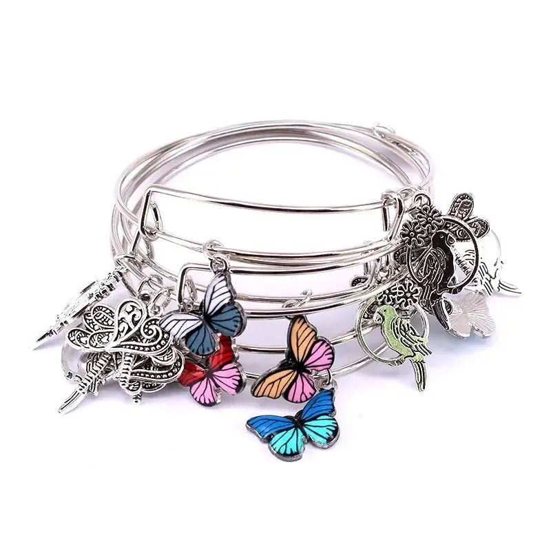 5pcs Bangle Set Wire Bracelets for Women Girls Jewelry Butterfly Dragonfly Bow Charms Bangles Cuff Jewlery C044