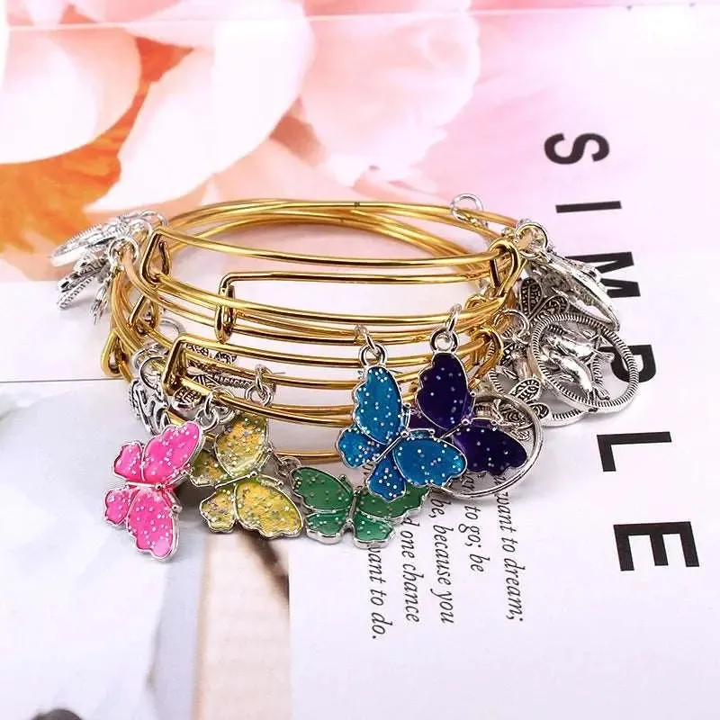 5pcs Bangle Set Wire Bracelets for Women Girls Jewelry Butterfly Dragonfly Bow Charms Bangles Cuff Jewlery C044