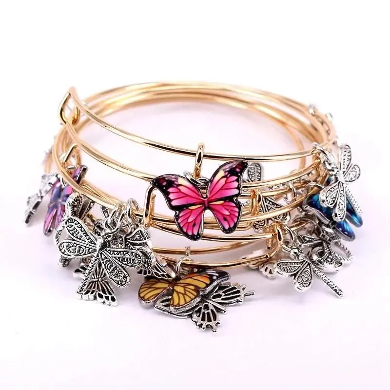 5pcs Bangle Set Wire Bracelets for Women Girls Jewelry Butterfly Dragonfly Bow Charms Bangles Cuff Jewlery C044