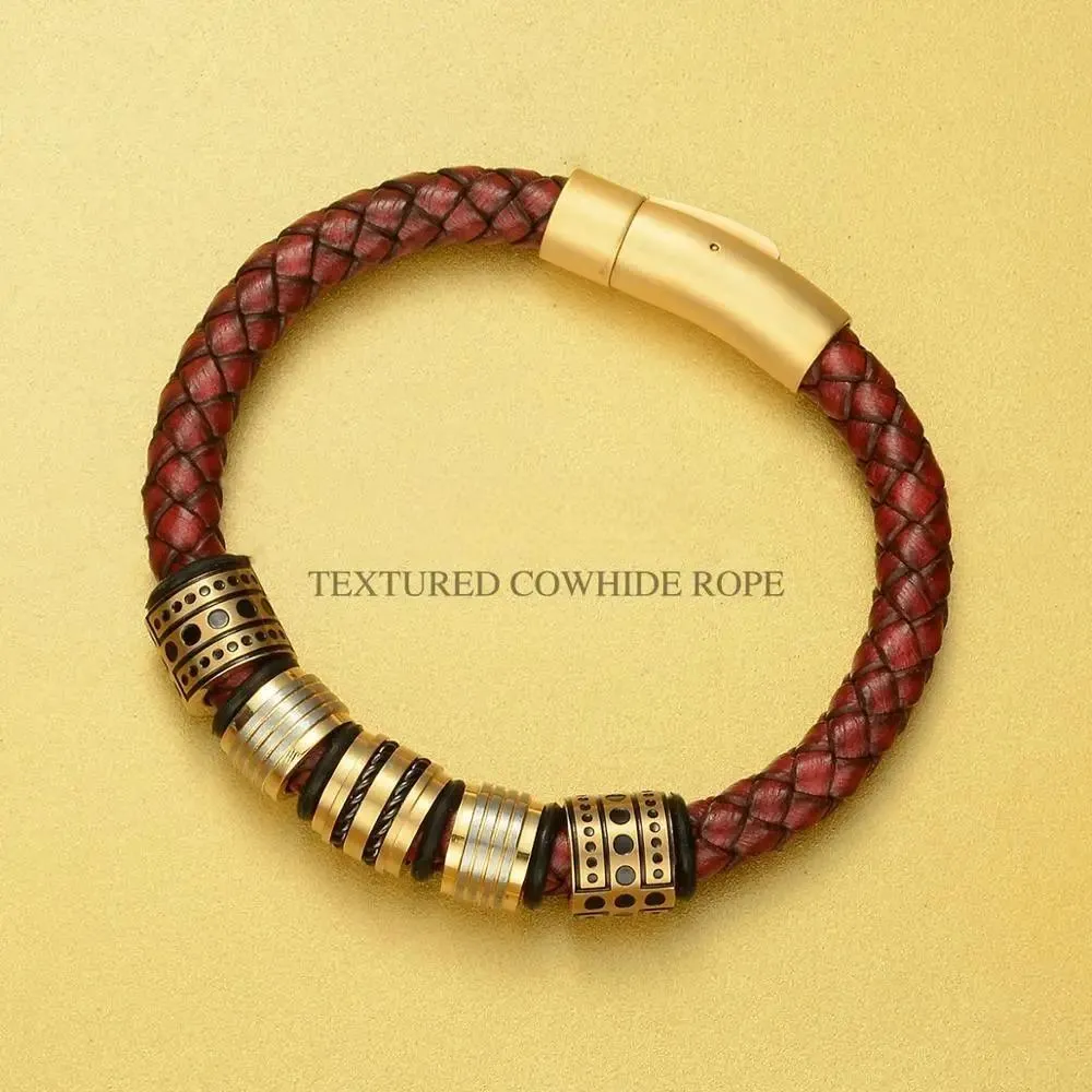 8mm Red Braided Full-Grain Leather Men's Bracelet Stainless steel Shining Golden Beads Charm Bracelets