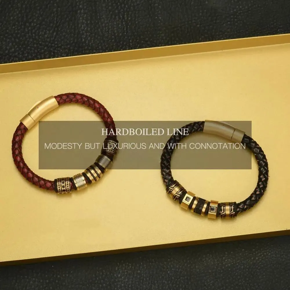 8mm Red Braided Full-Grain Leather Men's Bracelet Stainless steel Shining Golden Beads Charm Bracelets